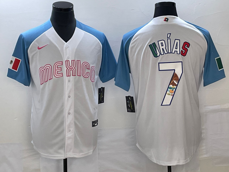 Men's Mexico Baseball #7 Julio Urías 2023 White Blue World Baseball Classic Stitched Jersey Men's Mexico Baseball #7 Julio Urías 2023 White Blue World Baseball Classic Stitched Jersey